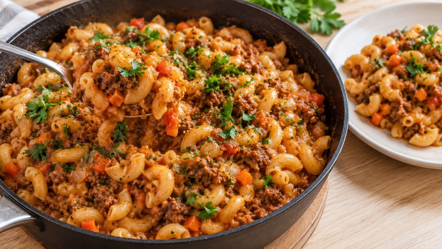Рецепт: Макарони з фаршем на сковороді